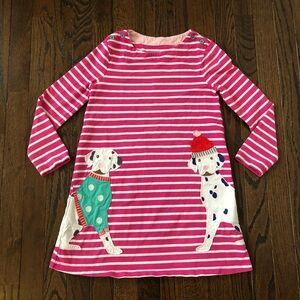 Mini Boden Girls 7-8Y Pink/White Striped Long-Sleeved Dress w/Dog Appliqué